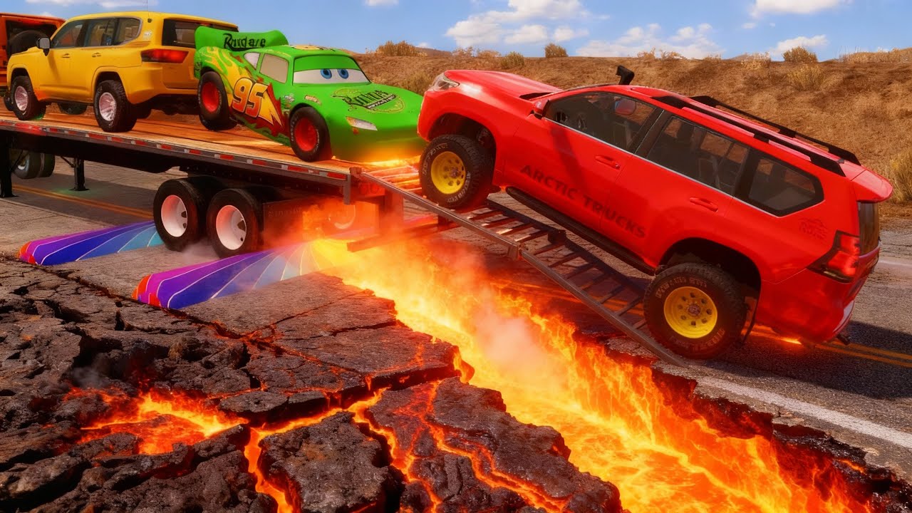 McQueen Flatbed Truck Transport | Lava Road Disaster – BeamNG Drive