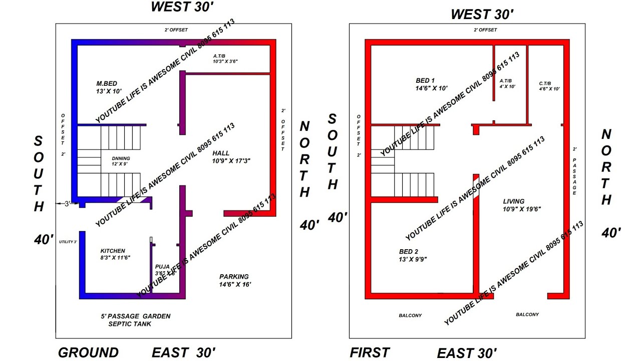30 x 40 east face duplex house plan map naksha design 35 lakh - YouTube