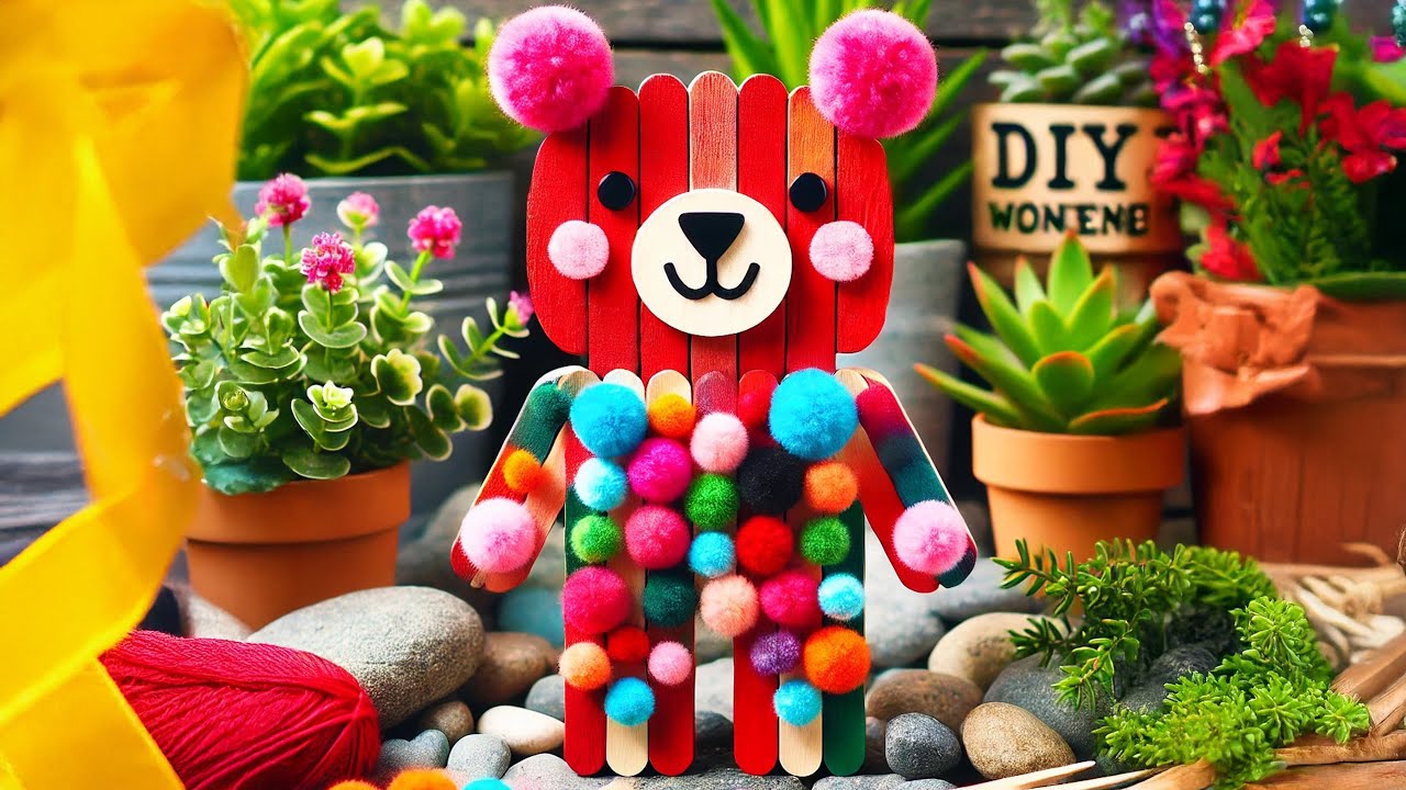 DIY Colorful Pom-Pom Bear 🧸🎨 | Fun Popsicle Stick Craft for Kids 