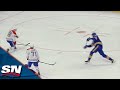 Tage thompson scores after getting rocked by alexander romanov at centre ice