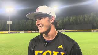 ECU’s Walker Barron, Grady Lenahan, and Cliff Godwin after clinching the series against Charlotte