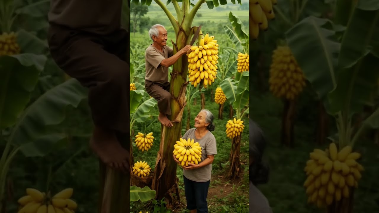 Grandpa Cut Banana On The Tree While Grandma Catches Them Below A Good Harvest Village