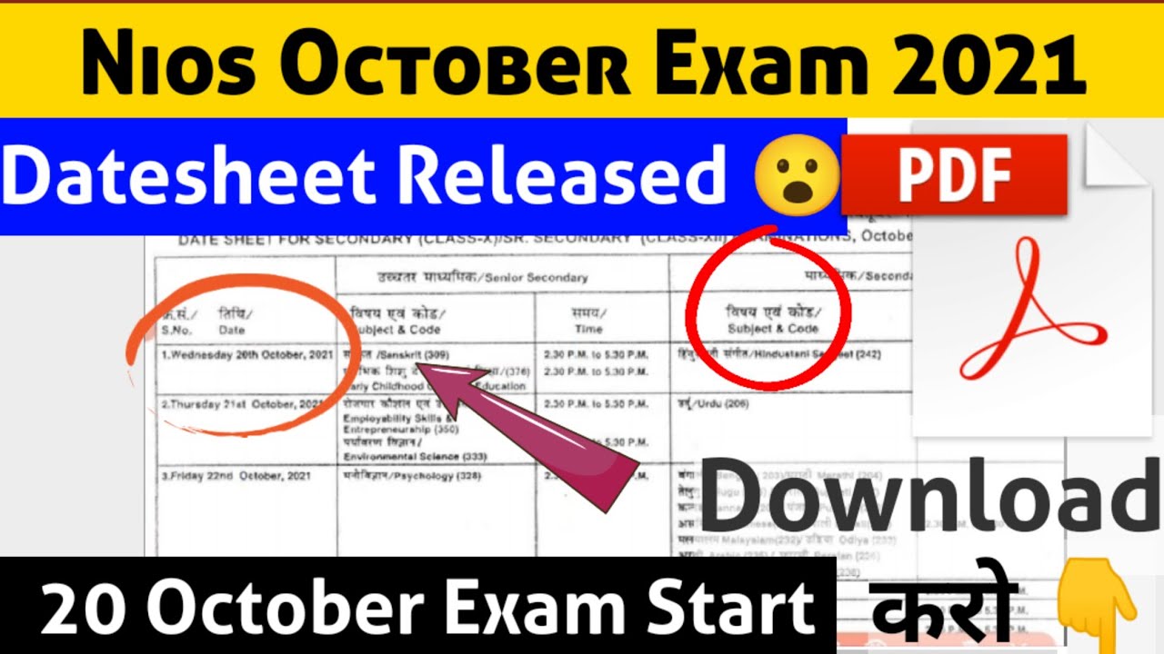 Nios Oct/Nov Exam Datesheet Released 2021