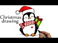 New Year 2021 drawings. How to draw a Penguin in a Christmas hat with a gift.