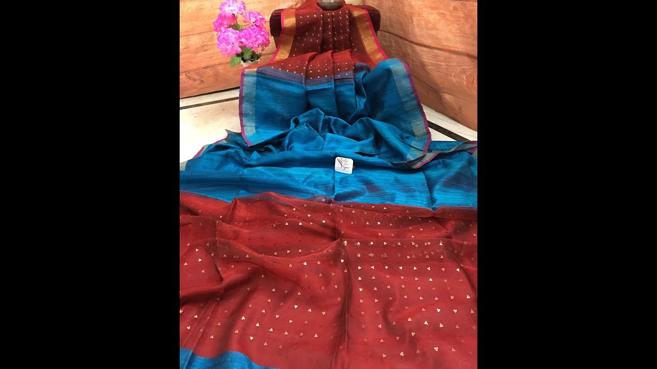 Dark Ocean Blue and Red Motka Muslin Sitara Saree