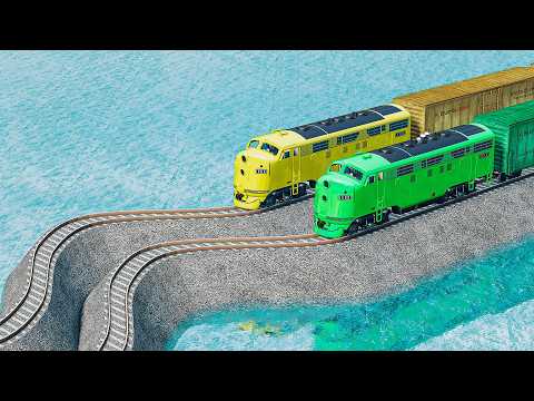 Double Colorful Trains Vs Wavy Impossible Weird Rails Tracks Crossing Deepwater| BeamNG.drive