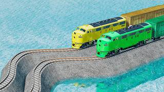 Double Colorful Trains Vs Wavy Impossible Weird Rails Tracks Crossing Deepwater| BeamNG.drive
