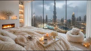 Dubai Rainy Night 🌧️ Cozy Burj Khalifa View | Relaxing Music, Fireplace & Rain screenshot 4