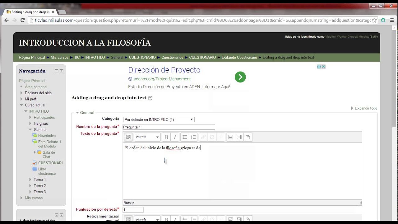 Tutorial para la Elaboracion de preguntas en Moodle (DRag and drop into