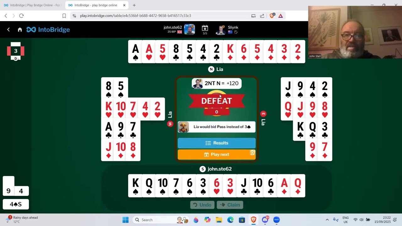 Me versus top bridge player Peter Hollands - 15th September 2025