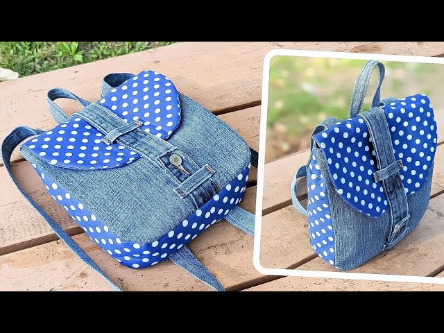 DIY Adorable Mini Denim and Polka Dot No Zipper Backpack Out of