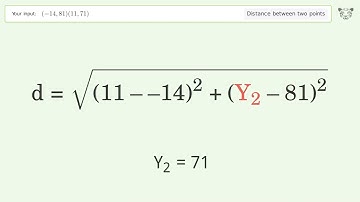 Find the distance between two points p1 (-14,81) and p2 (11,71): Step-by-Step Video Solution