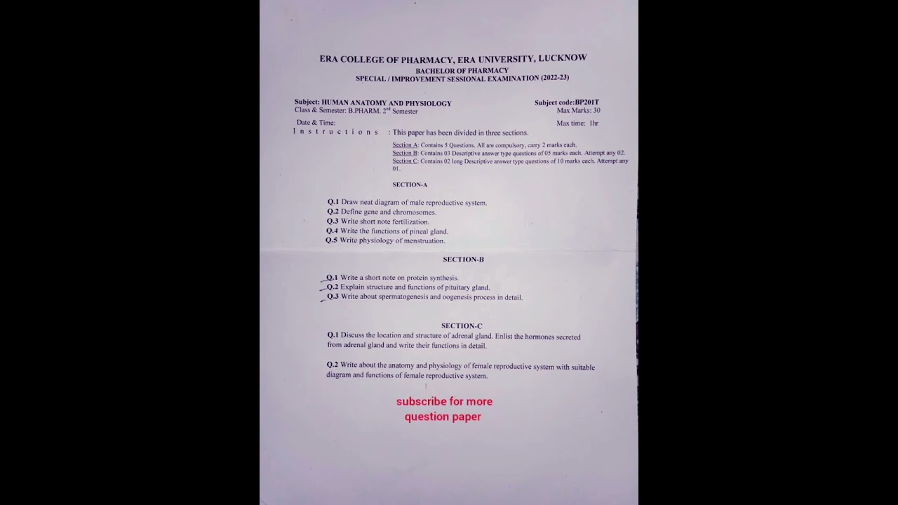 Human anatomy and physiology question paper of 2 semester b pharma era university