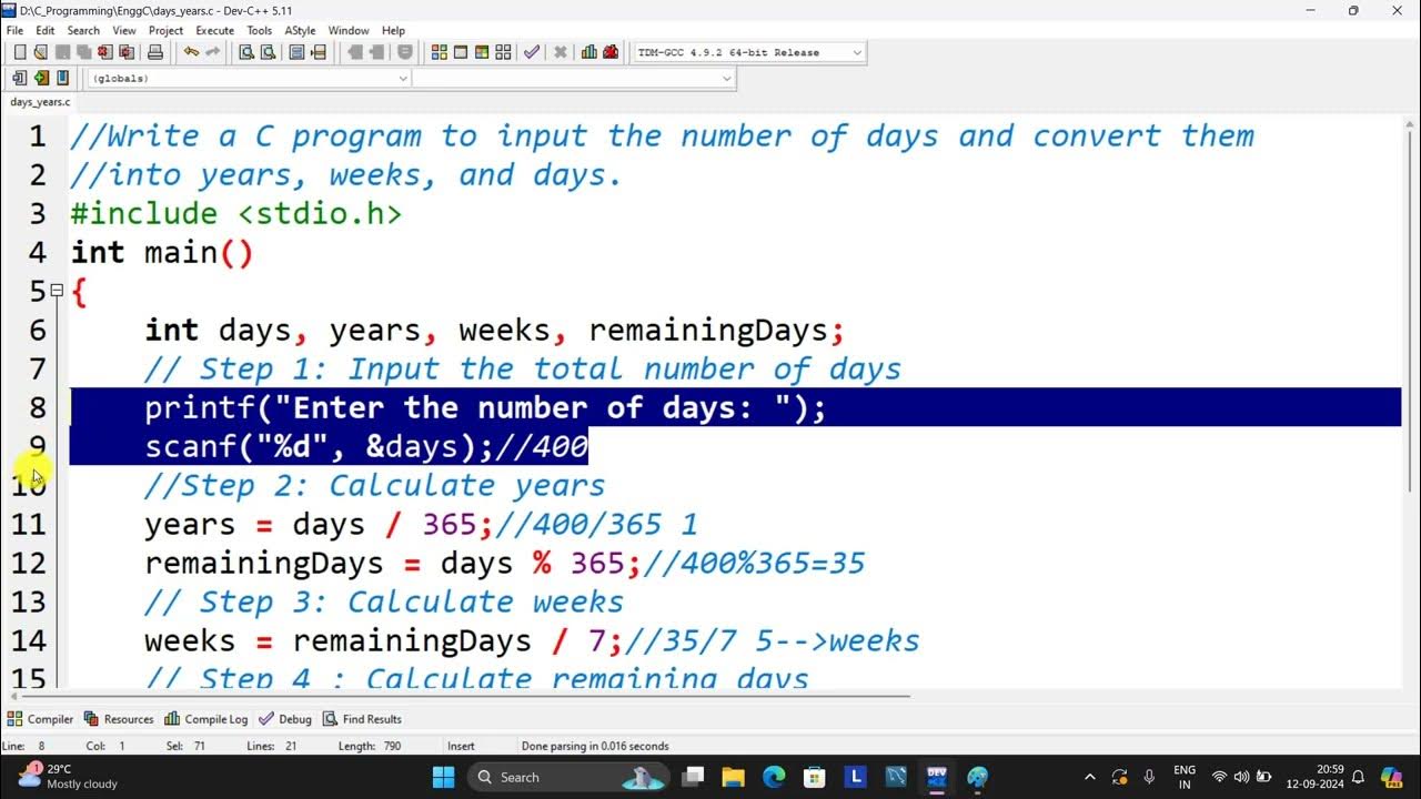 C Program to Convert Days into Years Weeks and Days || Lab Programs ...