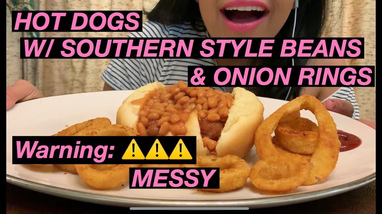 Hot Dogs with Southern Beans and Onion Rings MESSY ASMR / Mukbang
