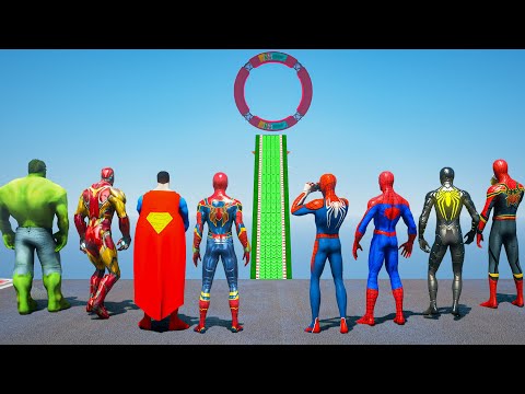 SUPERHERO Competition Challenge  Spiderman, Hulk & Goku Motorbike Jump  over the Ocean #227 