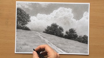Trees on a Hill Charcoal Drawing