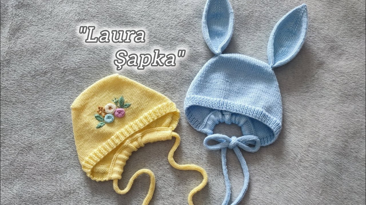 Легкая шапка спицами для ребенка 1-2 лет - Шапочка с заячьими ушками.