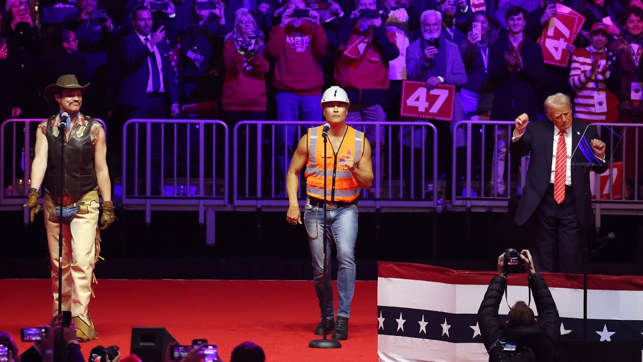 Donald Trump dances to YMCA with the Village People at victory rally Donald Trump dances to YMCA with the Village People at victory rally