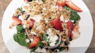 Easy Spinach & Strawberry Salad With Feta Cheese, Blueberries, Red Onions And Walnuts