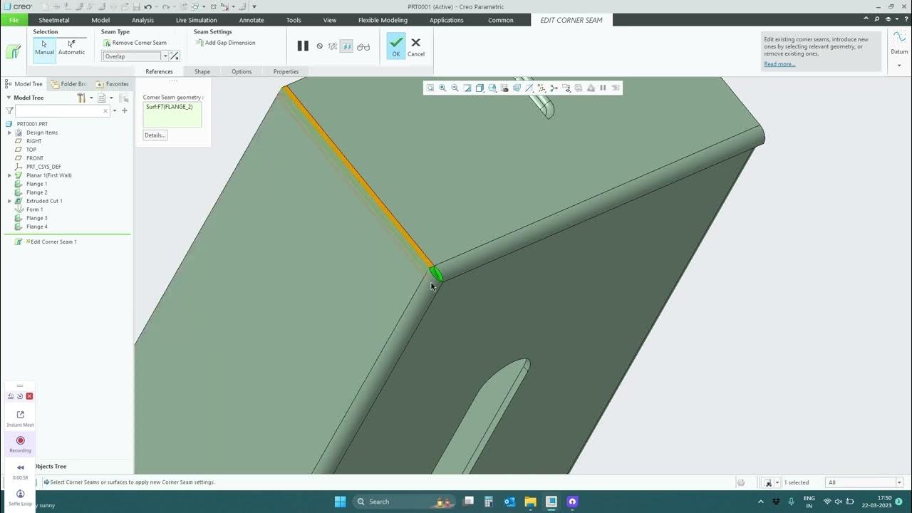 Edit corner seam in creo Sheetmetal | Edit corner in Creo Sheetmetal