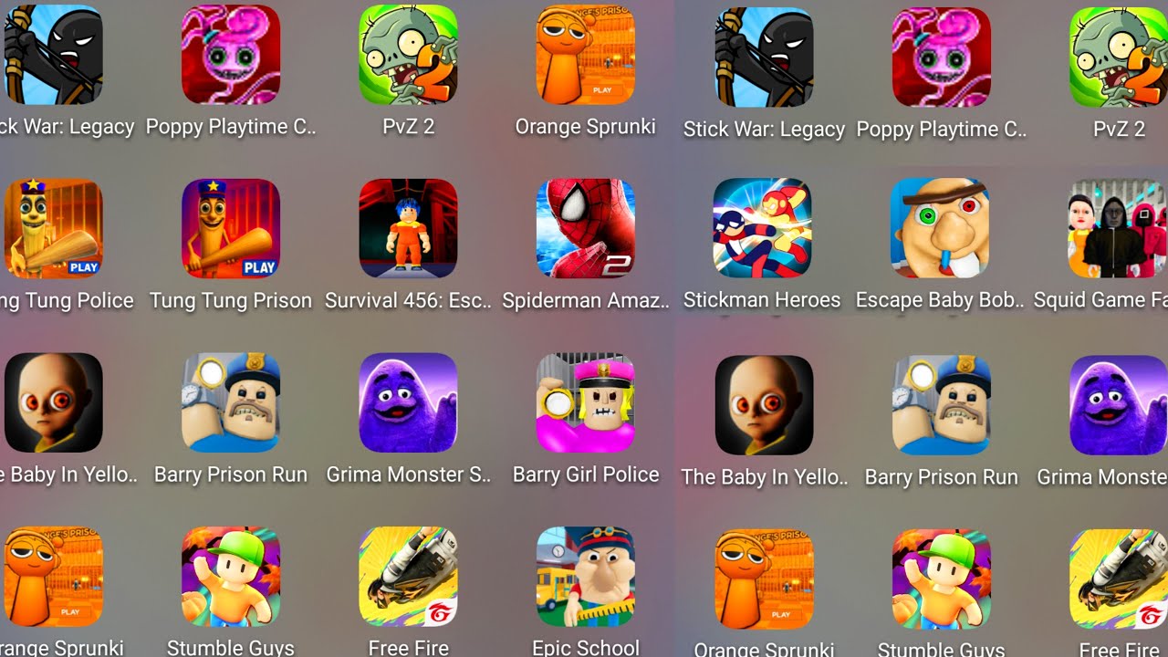 Grimace Monster Scary Survival,StickWar Legacy,Tung Tung Police Escape,Epic School,Barry’ Prison Run