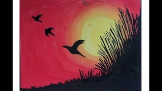 poster painting beginners sunset birds