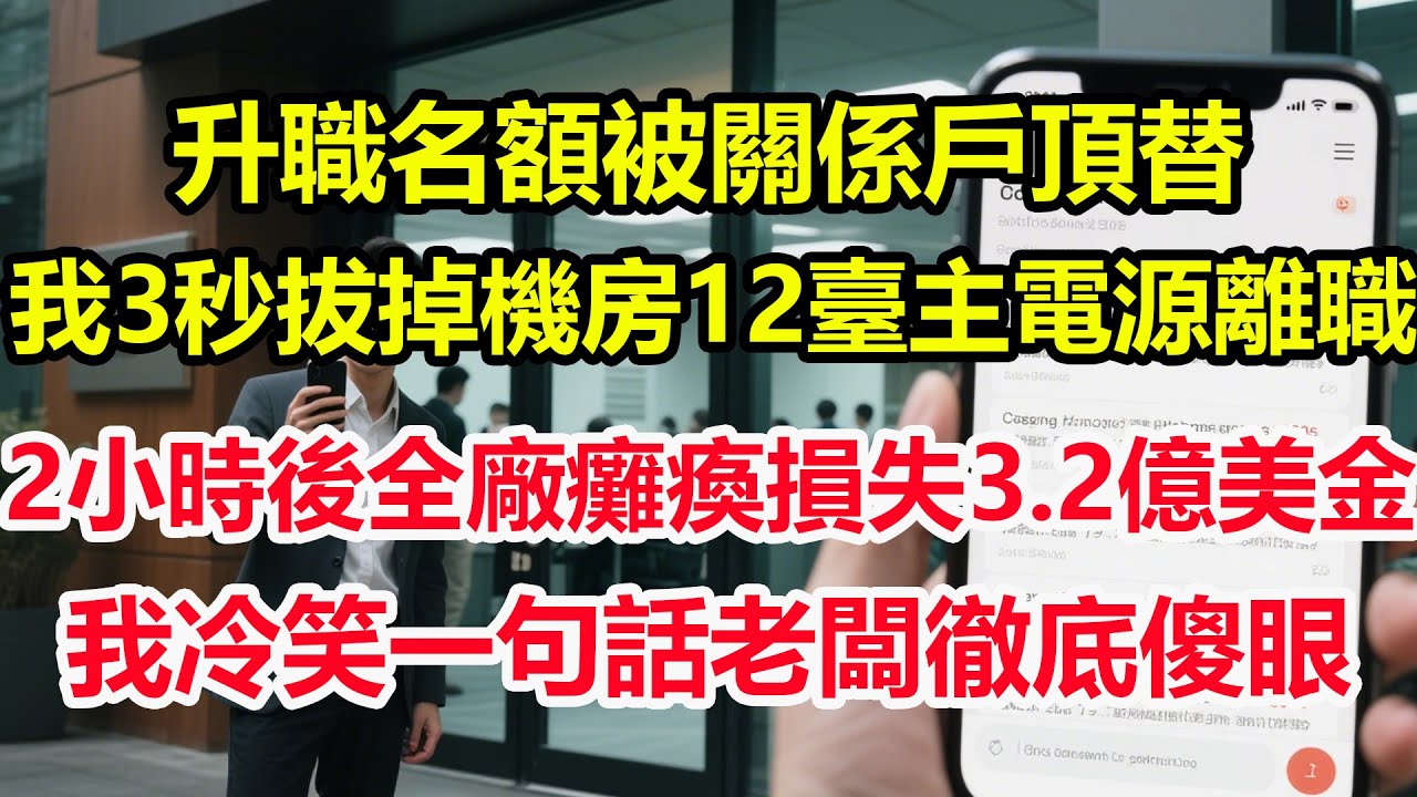 升職名額被關係戶頂替，我3秒拔掉機房12臺主電源離職，2小時後800臺伺服器癱瘓，損失3.2億美金，我冷笑一句話老闆徹底傻眼！#情感 #爽文 #職場 #生活 #總裁