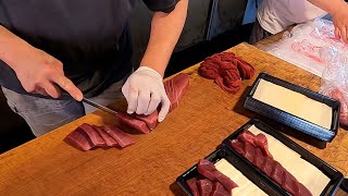 Giant bluefin tuna cutting techniques and luxurious sashimi / 巨大黑鮪魚切割技巧和豪華生魚片