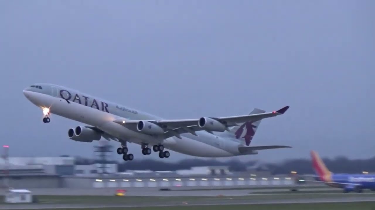 Qatar Amari Flight Airbus A340-313 A7-AAH At Cleveland Hopkins in 2022 (Old Camera) HD