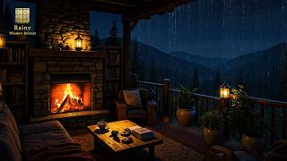 Fireplace Crackling and Rain Sounds from a Quiet Balcony Rain Forest (No Ads) For Sleep and Relax