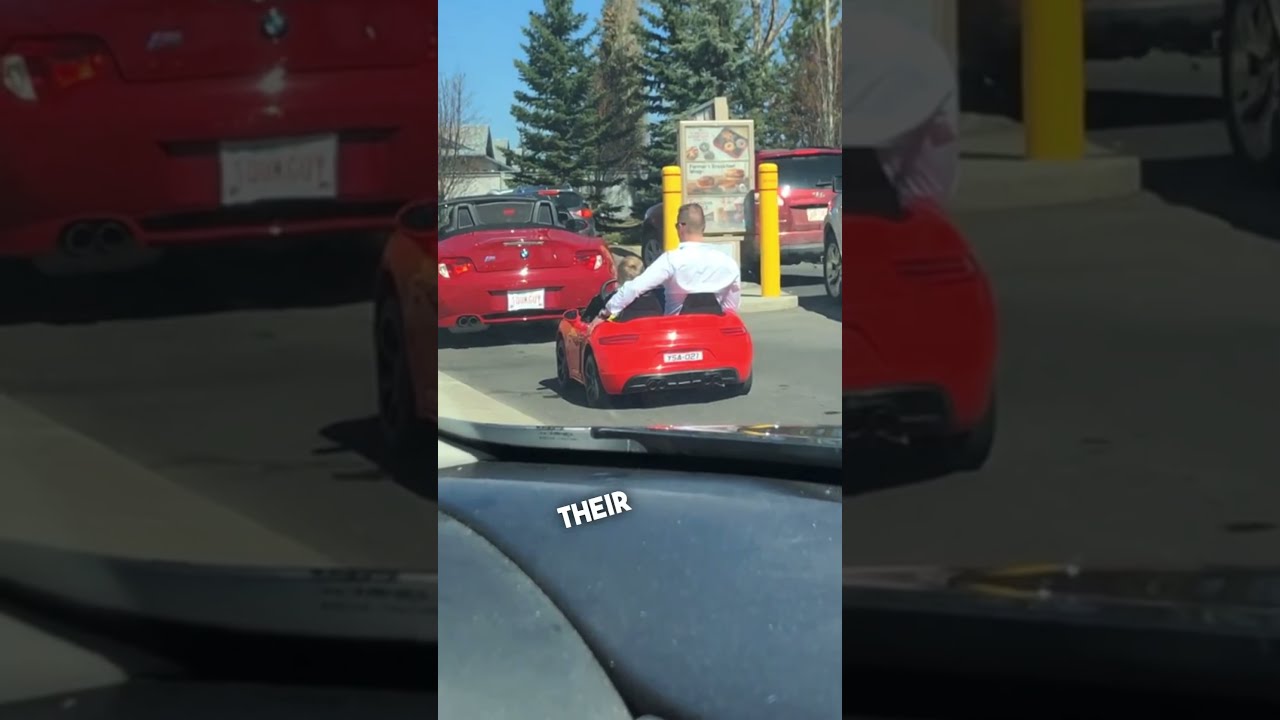 Little Boy Drove His Toy Car To A Drive Thru 