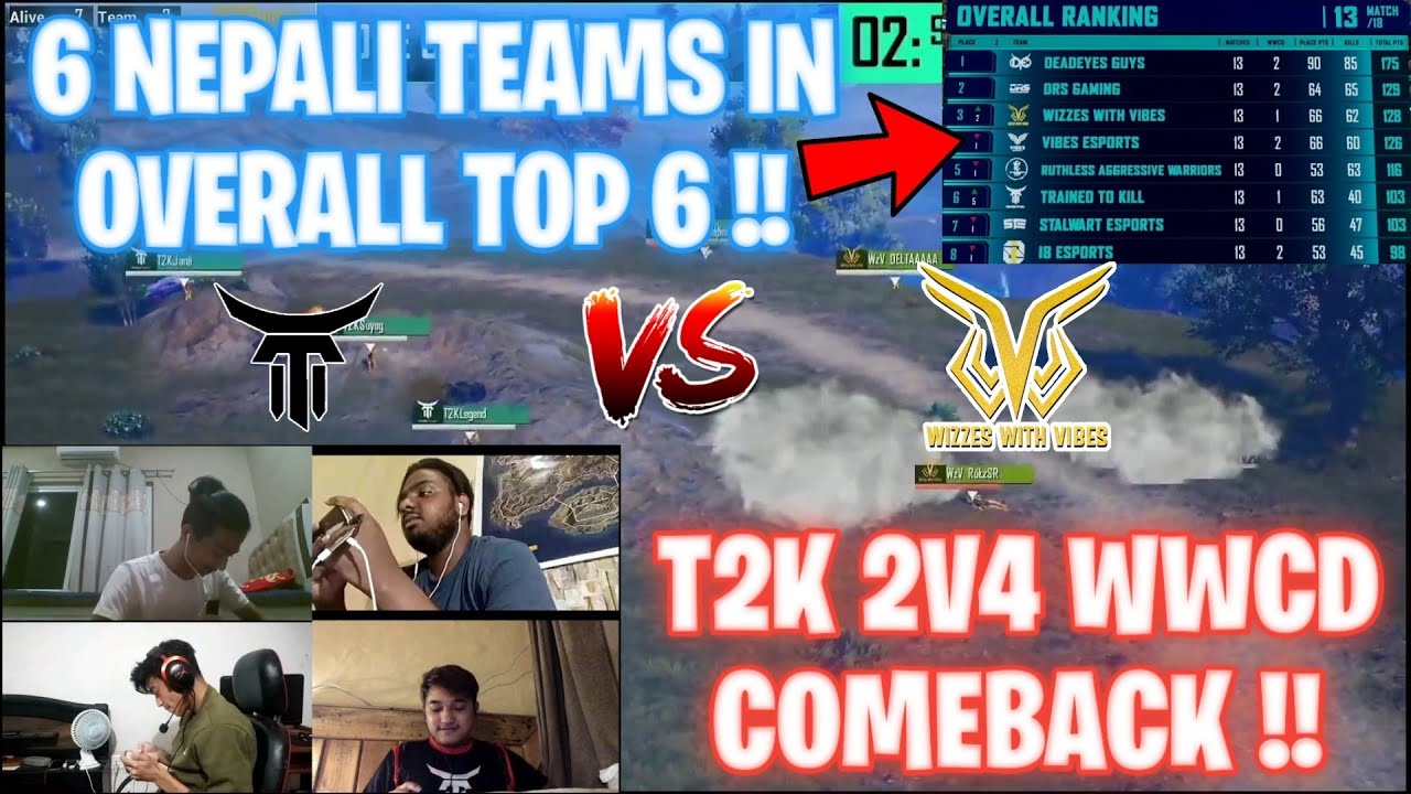 T2K 2V4 CHICKEN DINNER COMEBACK 🔥!! T2K Suyog 1V3 WzVibes 😱|| 6 NEPALI TEAMS IN TOP 6 😍- GAURABYT ||
