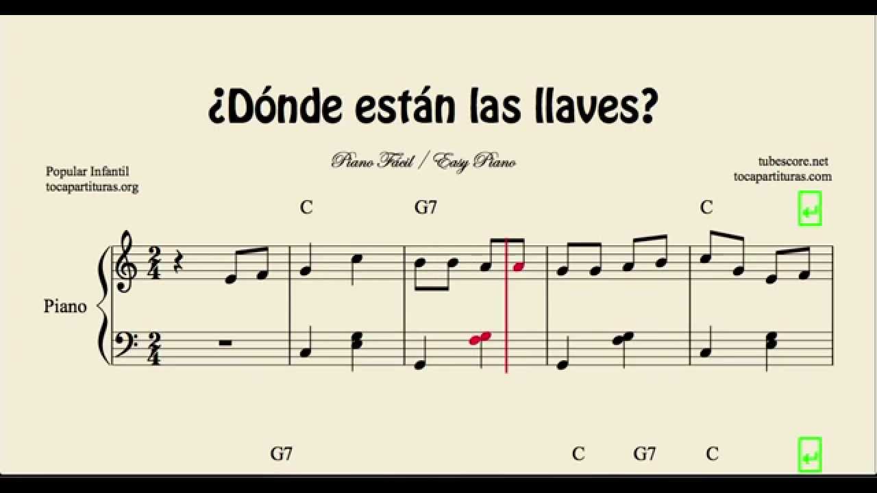 Dónde están las llaves? Partitura de Piano muy fácil principiantes con  Acordes 