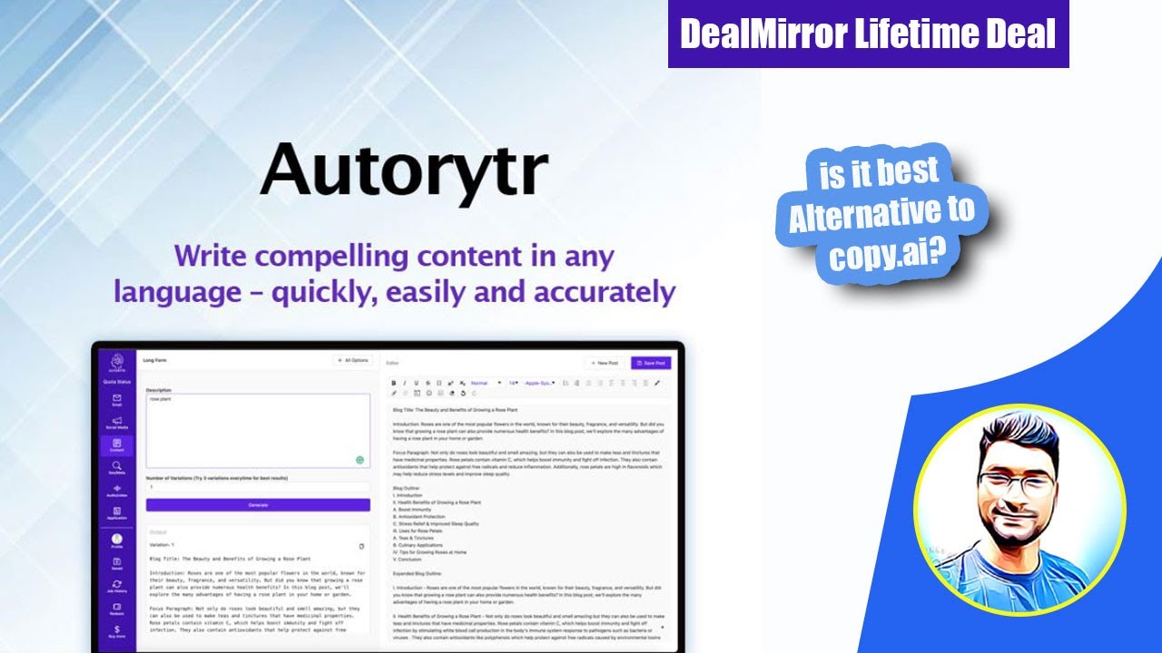 Autorytr Review: AI Content Writer Tool - Better Alternative to Copy.ai | Dealmirror Lifetime Deal
