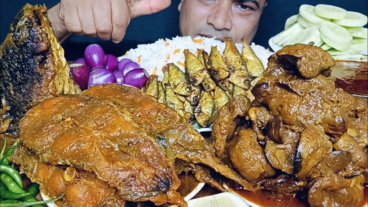 Eating Spicy Chicken Liver & Gizzard Curry |Big Fish Curry |Fish Head Curry |Chapila Fish Fry |Rice😋