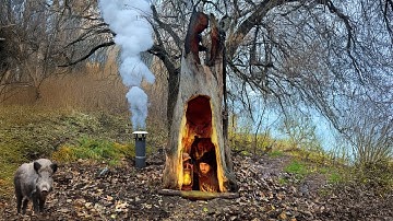 Building a Warm Secret Survival Shelter Inside a Giant Tree | Takes Shelter from a Wild Boar