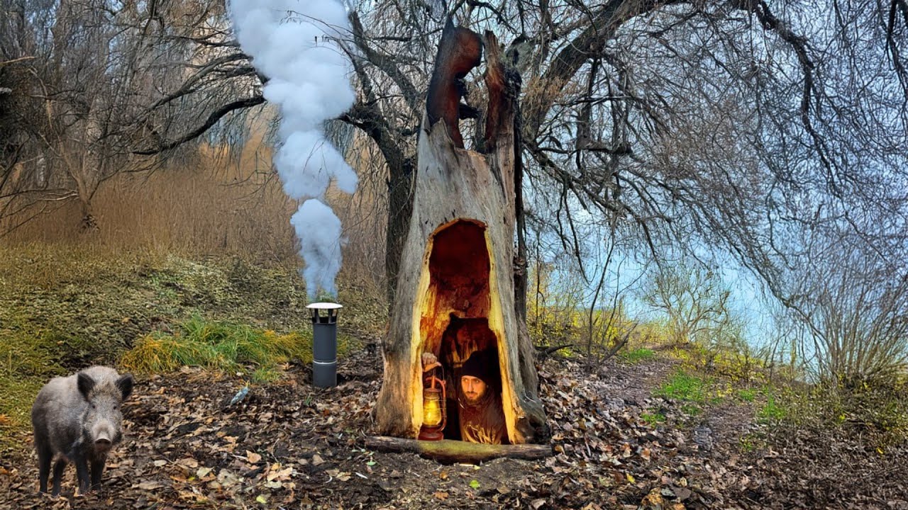 Building a Warm Secret Survival Shelter Inside a Giant Tree | Takes Shelter from a Wild Boar