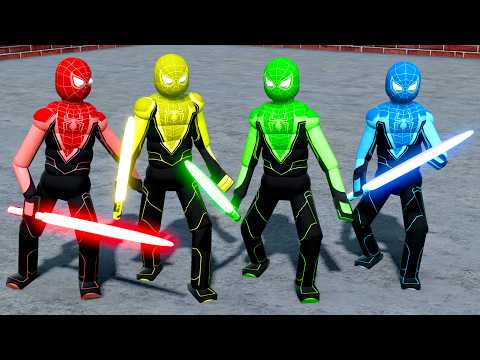 SPIDERMAN TEAM vs Epic NPC Battle & Dynamic AI Ragdoll Physics! SUPERHEROES LIGHTSABER ACTION