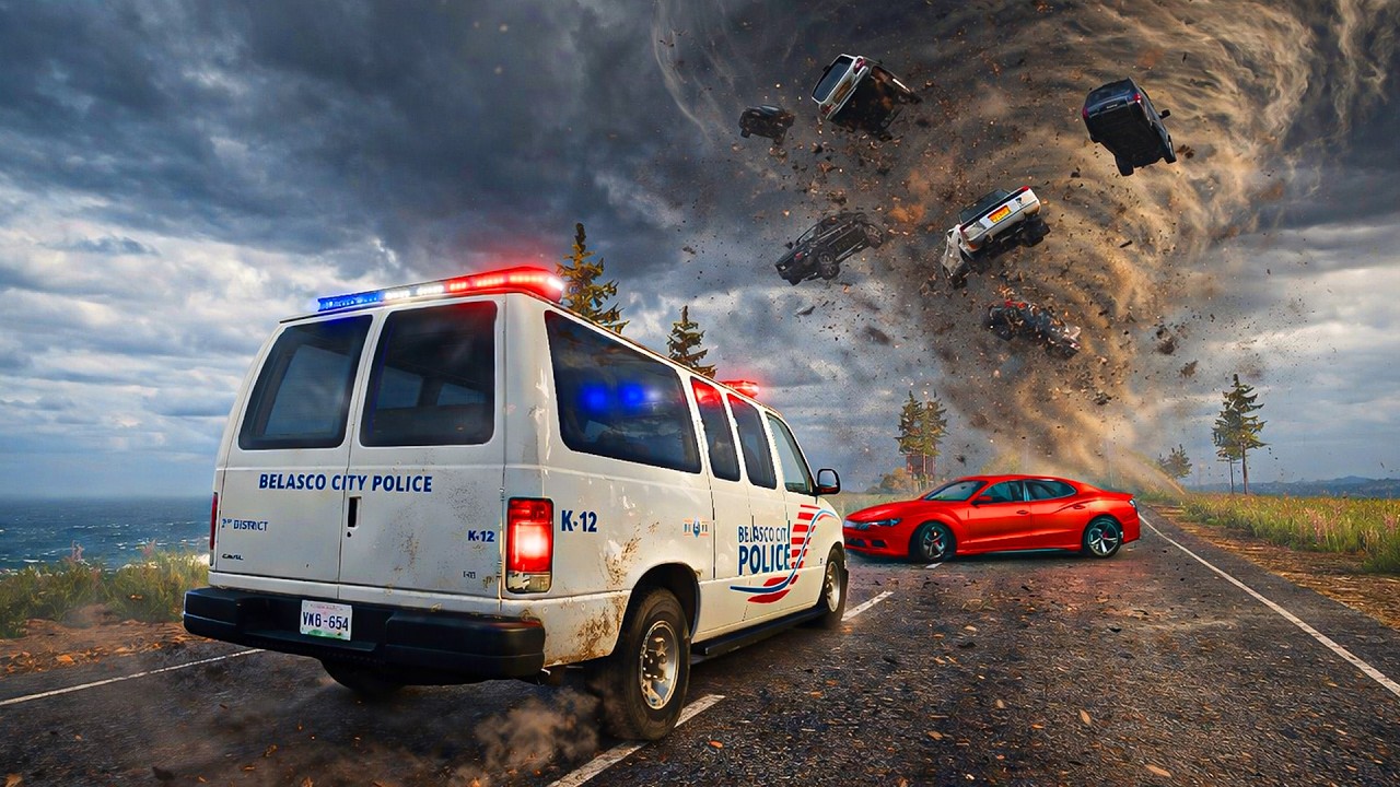 Police Van , Cars Vs Big Bulge , Speed Bumps & Giant Tornado | Beamng Drive Giant Tornado Vs Cars