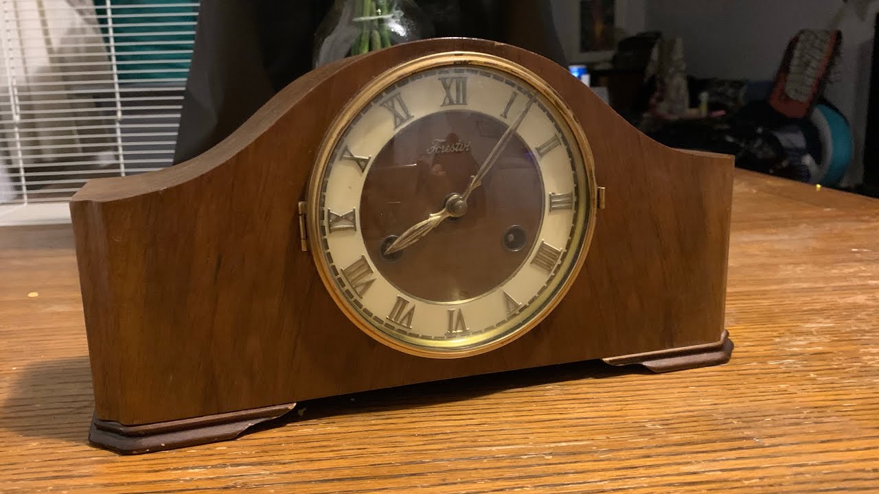 Small 1950-52 Forestville midcentury art deco bim bam mantle clock (early Hermle movement. M: 314-W)