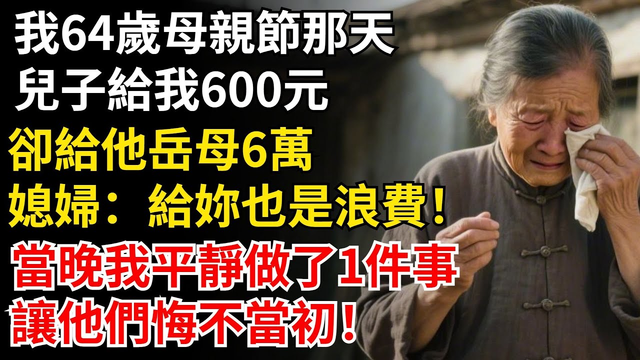 我64歲母親節那天，兒子給我600元，卻給他嶽母6萬。媳婦：給妳也是浪費！當晚我平靜做了1件事，讓他們悔不當初！ #晚年生活#中老年生活#為人處世#生活經驗#情感故事#幸福人生