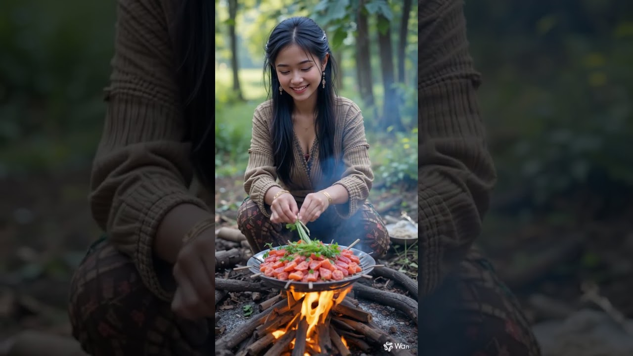 Cambodian Beauty Cooking Over Open Fire 🔥  Traditional Outdoor BBQ in Nature