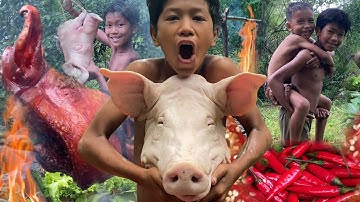 Decko streams, chapter: Primitive Foodie KH #011 Wow! Cooking Pig Head in the wood | Pig Head Recipe