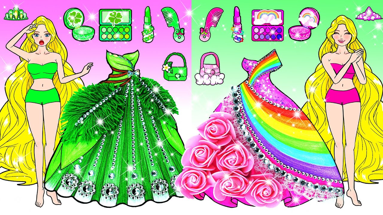 DIY Paper Doll - Pink VS Green Makeup And Dress Up Contest Challenge  Barbie Transformation Handmade
