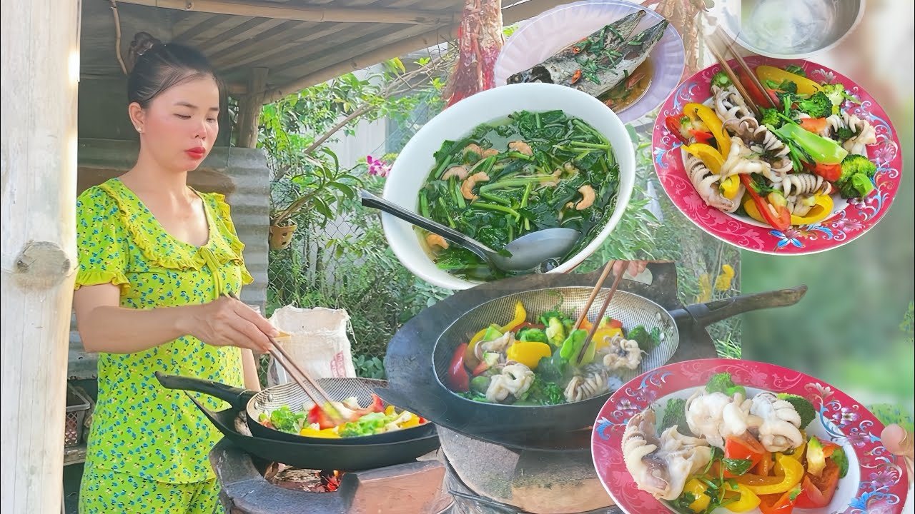 Countryside Life: Stir-Fried Squid, Braised Fish, and Fresh Garden Soup
