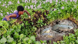 Village Boy Fishing In Dry Season - Catching Monster Fish In River Side Secret Hole - Fishing Family