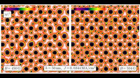 Vortex dynamics in hexagonal pinscape, B = 450, 594 G, J = 0.0344 MA/cm^2, h = 50 nm