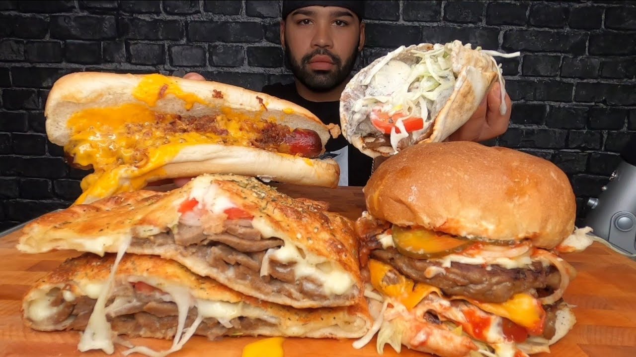 (ASMR) CHEDDAR BACON DOG, DONAIR CALZONE, BACON CHEDDAR BURGER, DONAIR, AND OREO MILKSHAKE MUKBANG