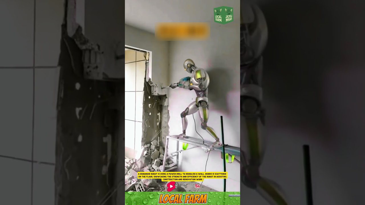A humanoid robot is using a power drill to demolish a wall